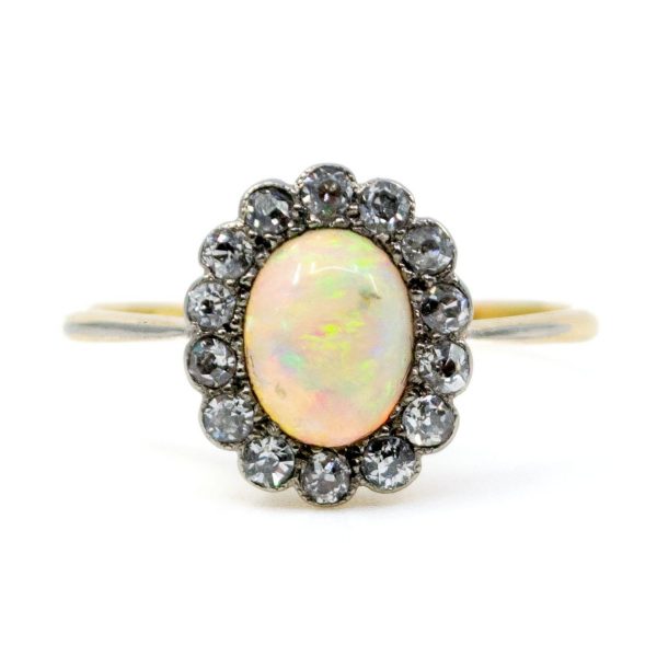 Antique Victorian Opal and Old Mine Cut Diamond Cluster Ring