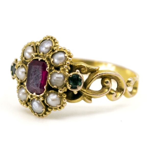 Antique Georgian Ruby, Pearl and Emerald Ring