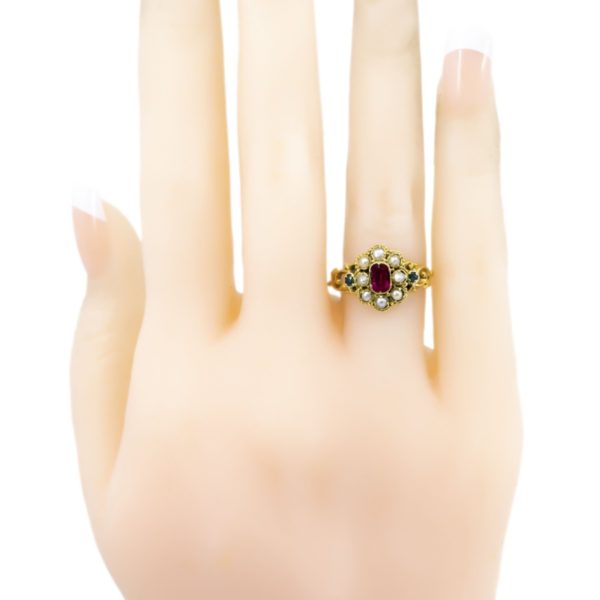 Antique Georgian Ruby, Pearl and Emerald Ring