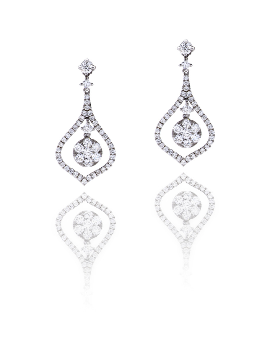 Diamond drop cluster earrings 18ct white gold, 1.08 carats