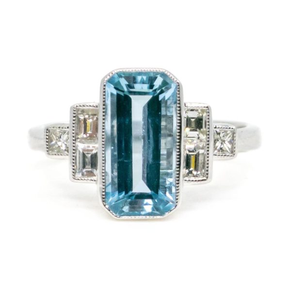 Aquamarine and Diamond Dress Ring Art Deco baguette cut diamonds in 18ct white gold