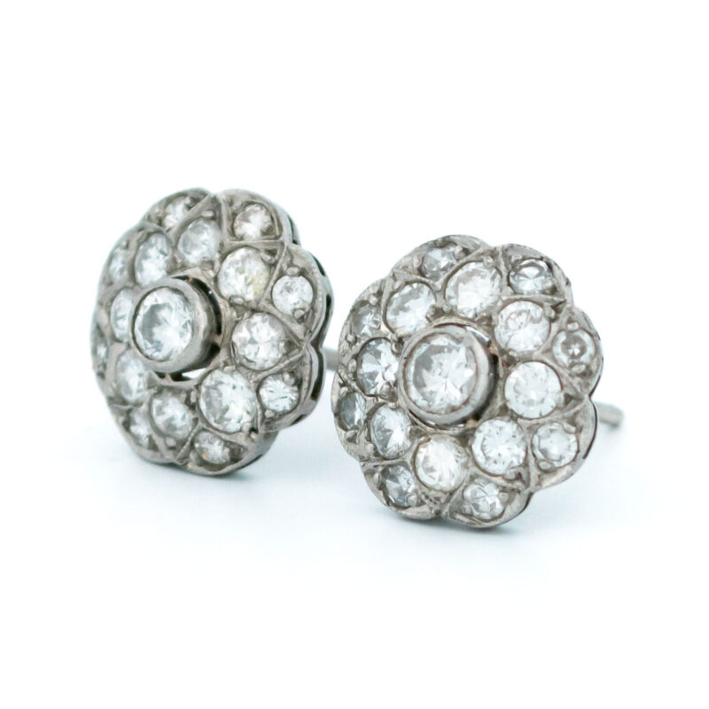 Art Deco Style Diamond and Platinum Cluster Earrings, 1.30 carats