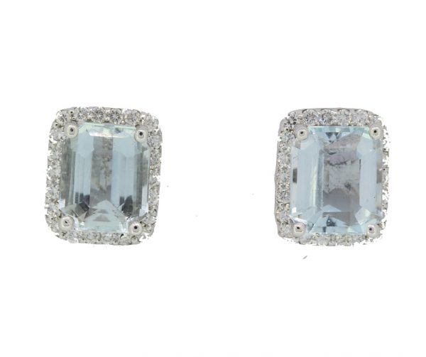 Princess cut Aquamarine and Diamond Cluster Earrings, stamped 750