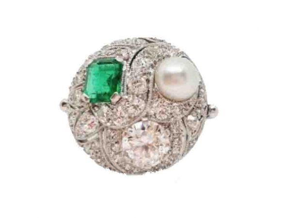 Art Deco 1940's bombe emerald diaond pearl ring