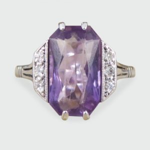 Art Deco Amethyst and Diamond Ring in 18ct White Gold and Platinum