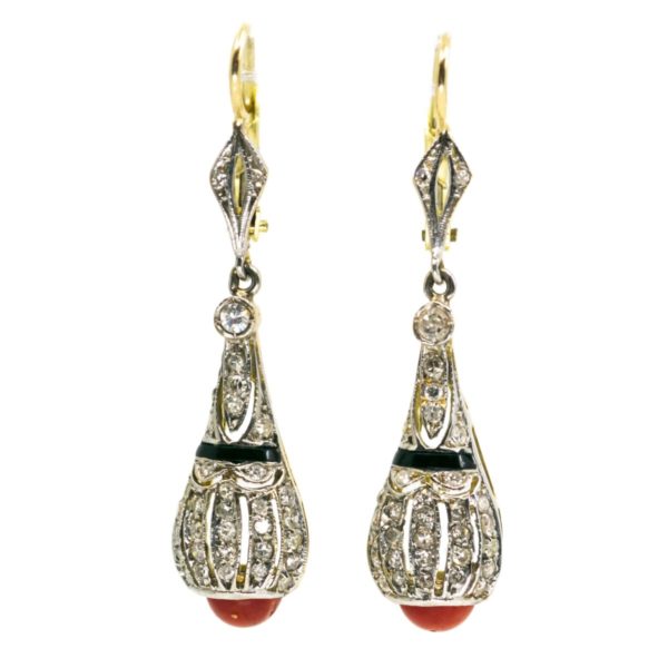 Art Deco Coral, Diamond and Onyx Gold Earrings 1