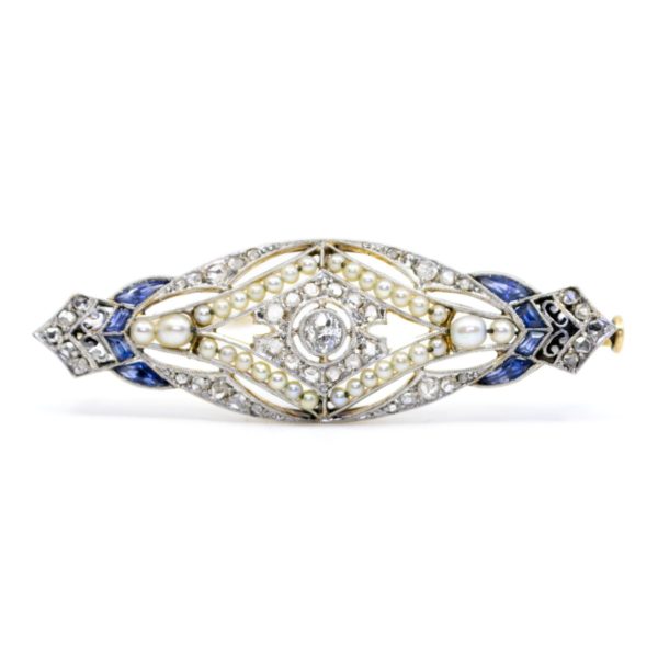 Art Deco Diamond, Pearl and Sapphire Brooch