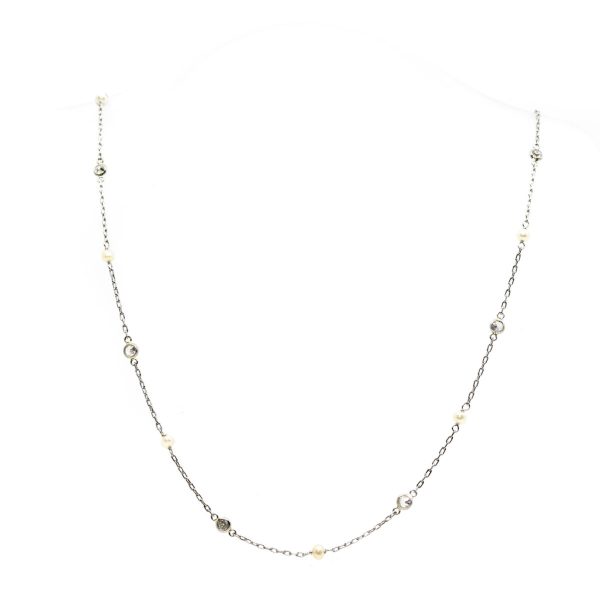 Art Deco Diamond and Pearl Chain Necklace BB1