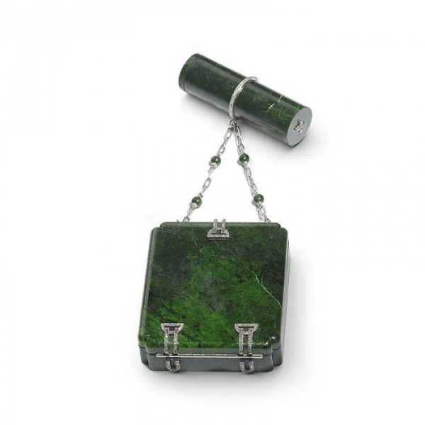 Art Deco chloromelanite jade, gold and diamond vanity case and lipstick holder by Marchak MO1