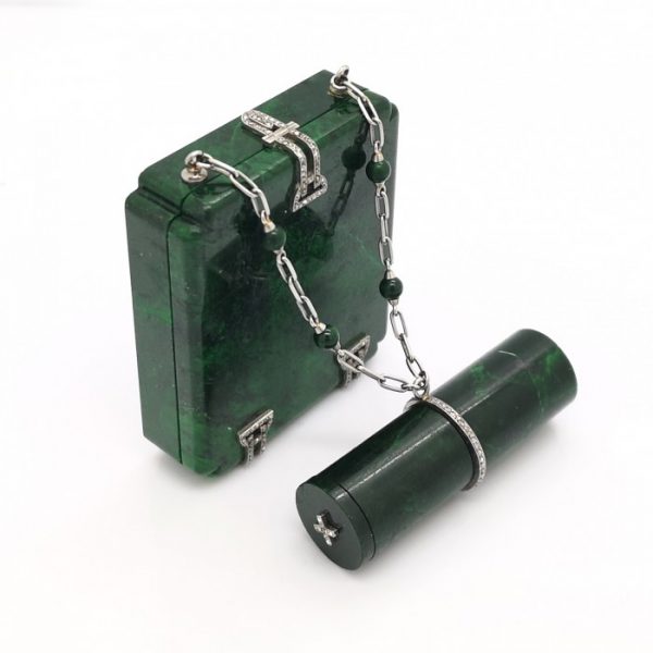 Art Deco chloromelanite jade, gold and diamond vanity case and lipstick holder by Marchak MO3