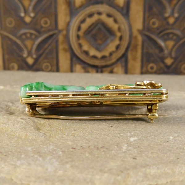 Antique Victorian Diamond Set Carved Jade Brooch