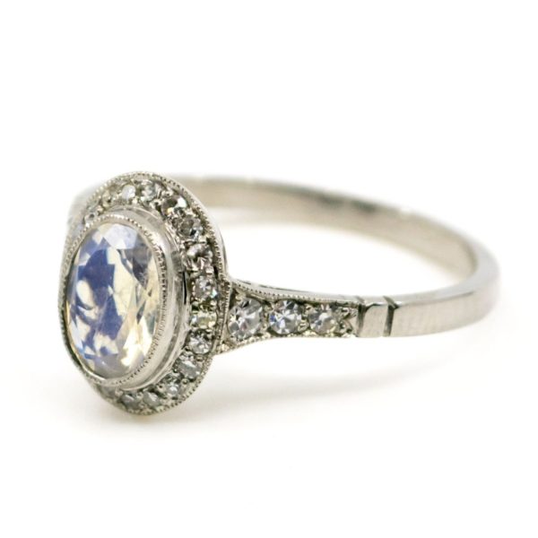 Diamond and Moonstone Platinum Ring Side View