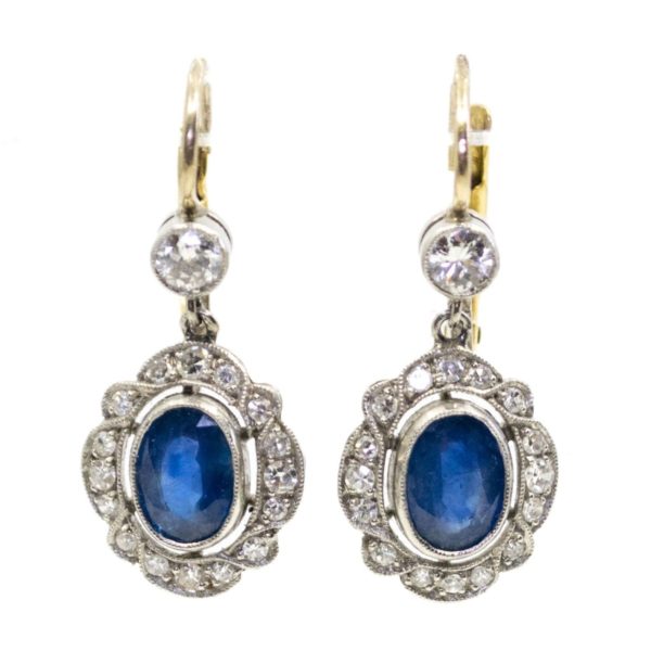 Diamond and Sapphire Cluster Drop Earrings