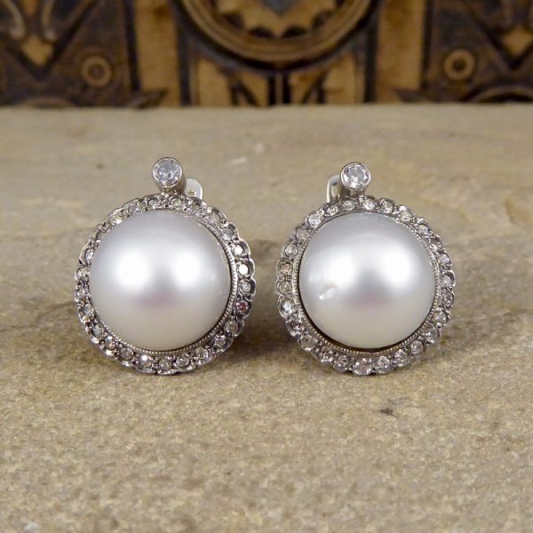 Vintage Pearl and Diamond Halo Omega Clip Earrings