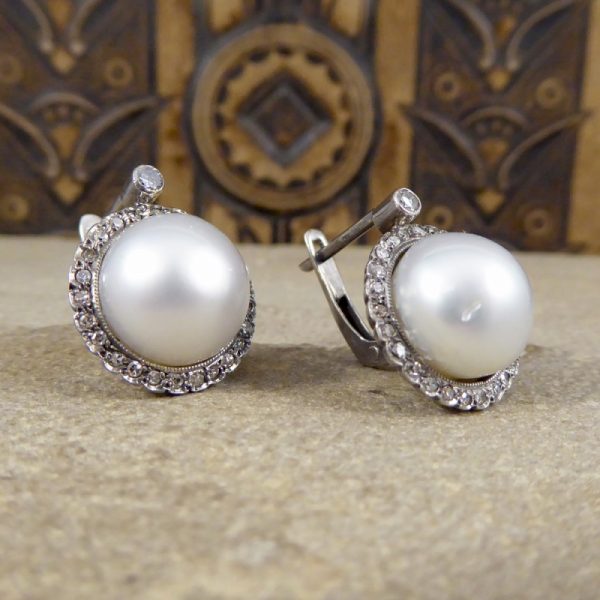Vintage Pearl and Diamond Halo Omega Clip Earrings
