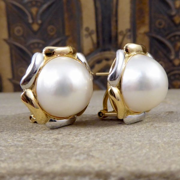 Vintage South Sea Pearl and Gold Omega Clip Earrings