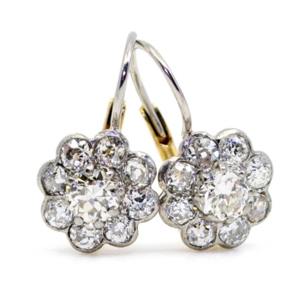 Edwardian Diamond Cluster Platinum and Gold Earrings.