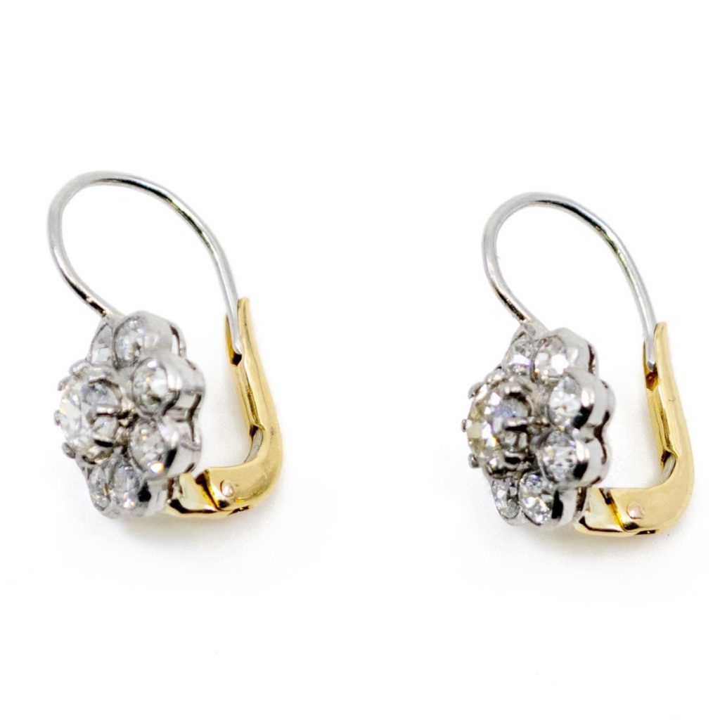 Edwardian Style Diamond Cluster Platinum and Gold Earrings
