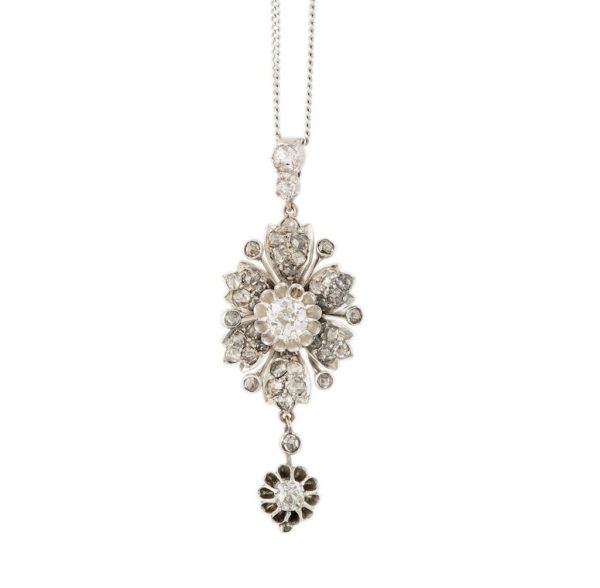 Edwardian Diamond Floral Pendant, old-cut diamonds, French silver and 18ct White Gold