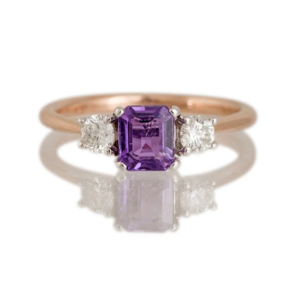 Octagonal Cut Mauve Sapphire and Diamond Three-Stone Ring