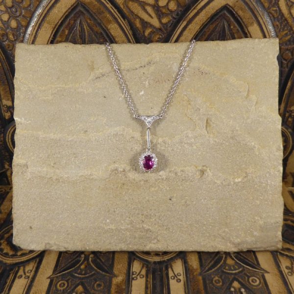 Antique Edwardian 1.50ct Oval Cut Ruby and Diamond Cluster Drop Pendant