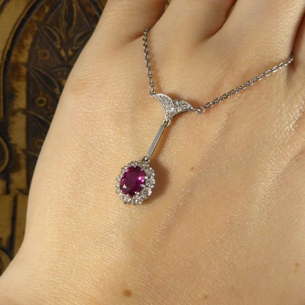 Antique Edwardian 1.50ct Oval Cut Ruby and Diamond Cluster Drop Pendant