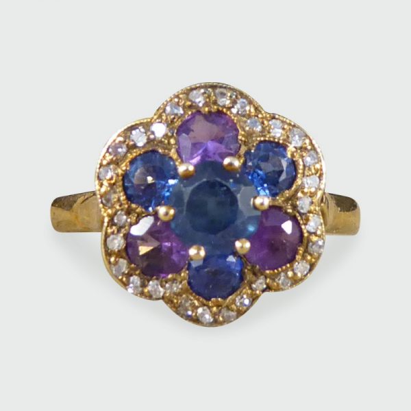 Vintage 1.25ct Blue and Purple Sapphire and Diamond Flower Cluster Ring