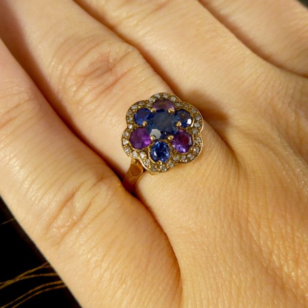 Vintage 1.25ct Blue and Purple Sapphire and Diamond Flower Cluster Ring