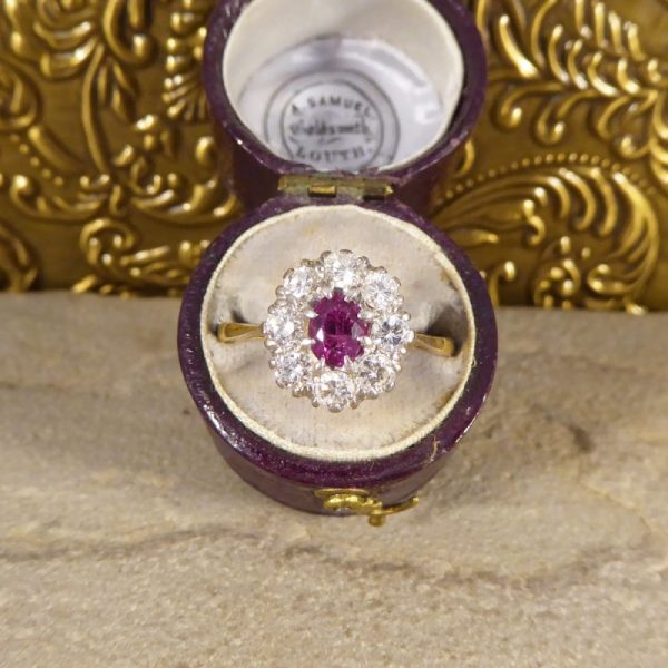 Vintage Ruby and Round Brilliant Cut Diamond Cluster Ring, 18ct Gold