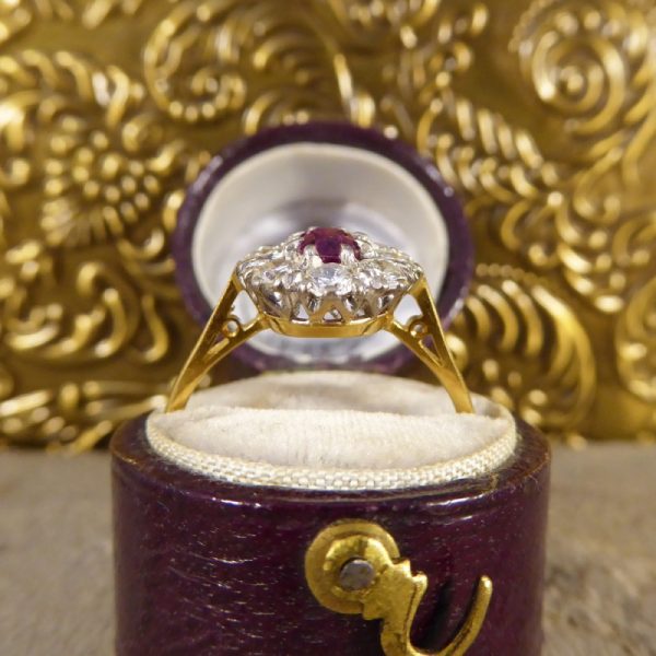 Vintage Ruby and Round Brilliant Cut Diamond Cluster Ring, 18ct Gold