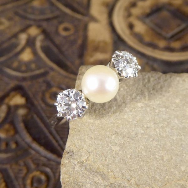 Vintage Pearl and Old European Cut Diamond Three Stone Ring