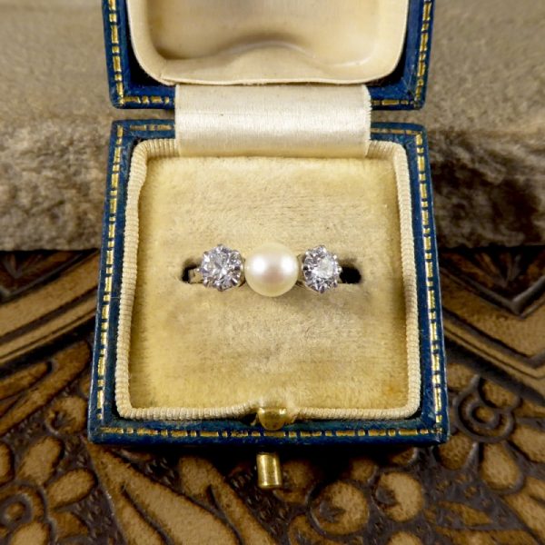 Vintage Pearl and Old European Cut Diamond Three Stone Ring