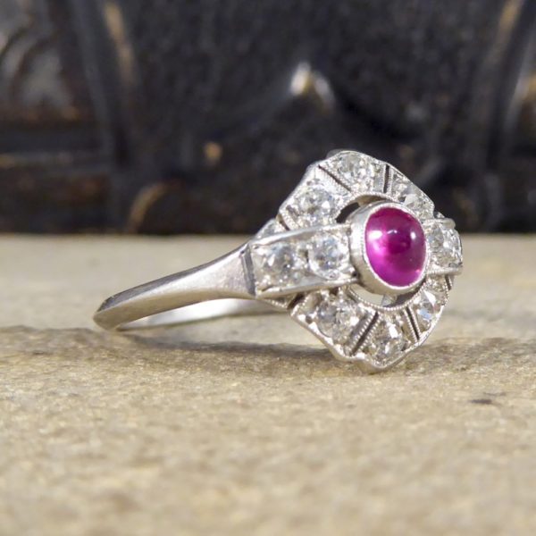 Antique Art Deco 0.25ct Cabochon Ruby and Diamond Ring