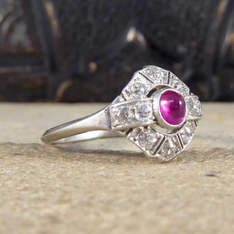 Antique Art Deco 0.25ct Cabochon Ruby and Diamond Ring - Jewellery ...