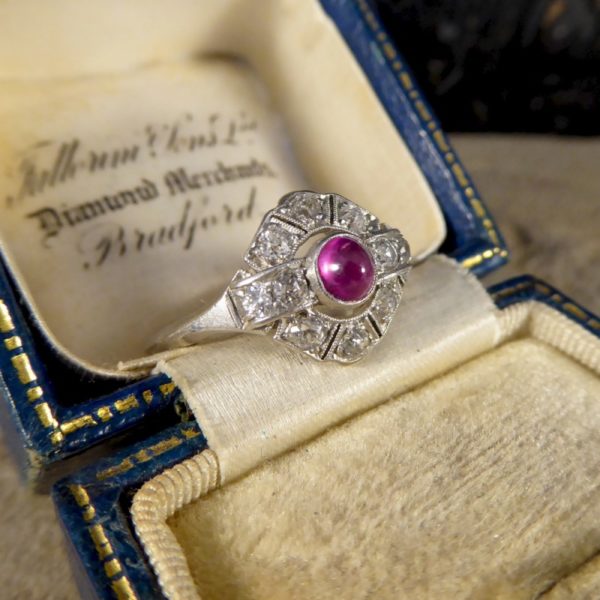 Antique Art Deco 0.25ct Cabochon Ruby and Diamond Ring