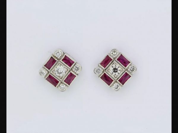 Ruby and diamond 'chequerboard' stud earrings, 1.20ct rubies, 0.70ct diamond, stamped 750