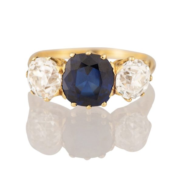 Late Victorian Sapphire and Diamond Three Stone Ring, totalling 5.47 carats, set in 18ct Yellow Gold, c.1900