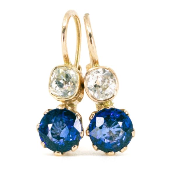 Sapphire and Old Mine Cut Diamond Gold Earrings 1