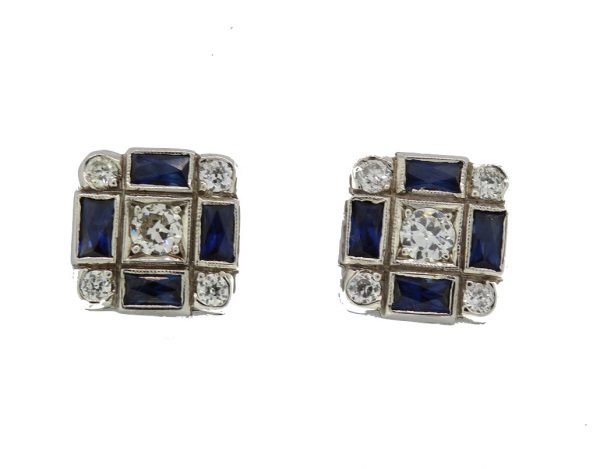 Sapphire and Diamond Cluster Earrings, chequerboard design, 1.20ct sapphires, 0.70ct diamonds, stamped 750