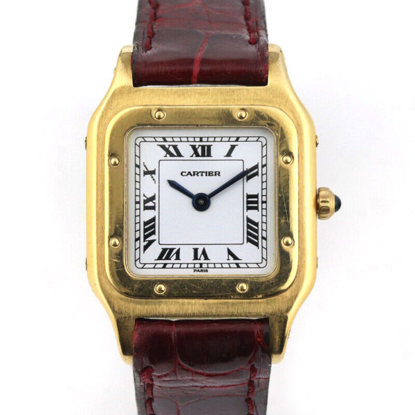 Ladies' Cartier Santos Vintage 18ct Yellow Gold Watch, Circa 1980s, manual winding movement, on an off brand red leather strap