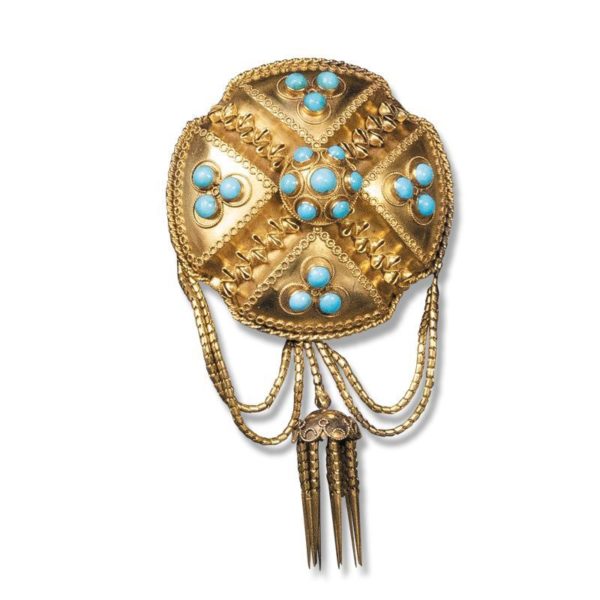 An Early Victorian 18ct Yellow Gold and Turquoise Brooch, circa 1850