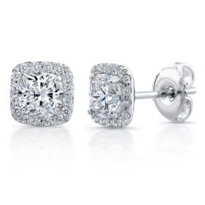 Cushion cut diamond halo diamond earrings cluster platinum 1 carat london