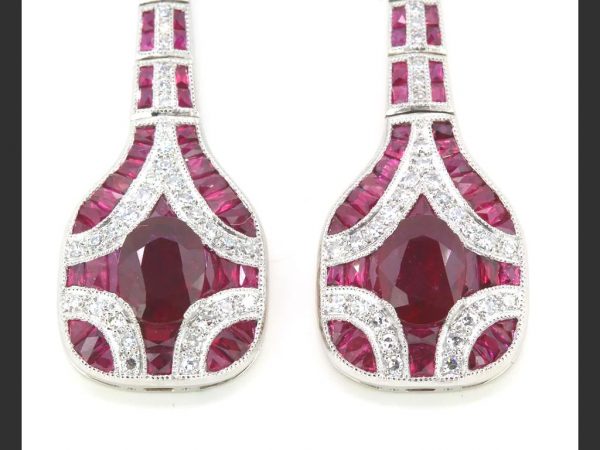 Art Deco style Ruby and diamond drop earrings, French style fittings