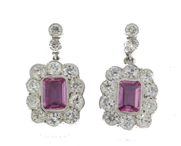 Pink sapphire and diamond drop earrings, 2.20 carat sapphires, 2.51 carat diamonds (totaling), stamped 750