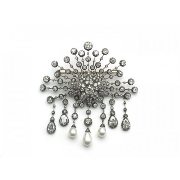 ANTIQUE DIAMOND STARBURST AND PEARL BROOCH