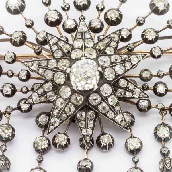 ANTIQUE DIAMOND STARBURST AND PEARL BROOCH