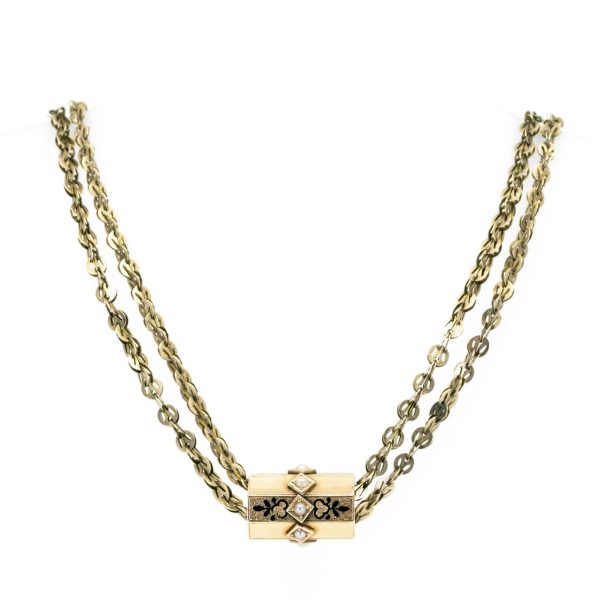 Antique Gold Enamel and Pearl Chain Necklace