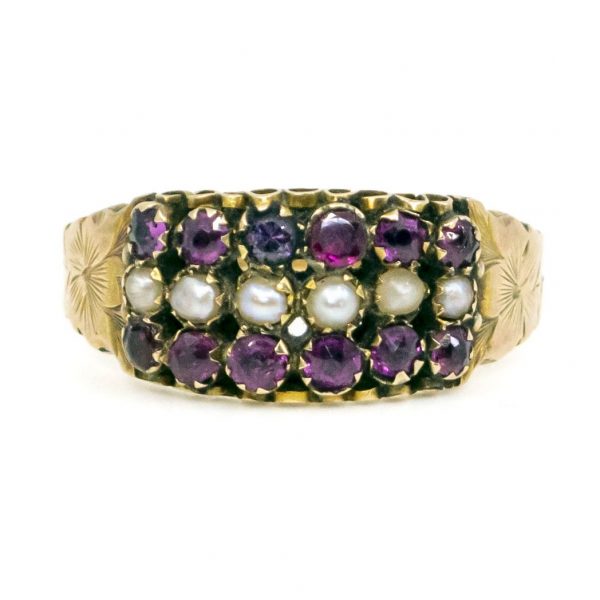 Antique Victorian Garnet and Pearl Gold Ring