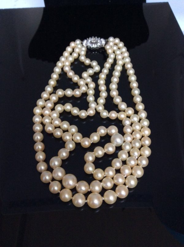Vintage Pearl and Diamond Triple Row Collar Necklace