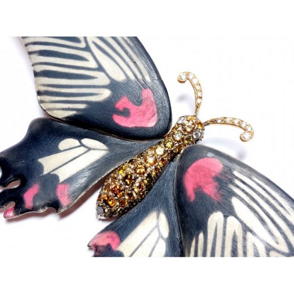 ENAMEL AND DIAMOND BUTTERFLY SILVER AND GOLD BROOCH